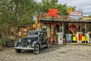 Shop on Route 66 with vintage car
